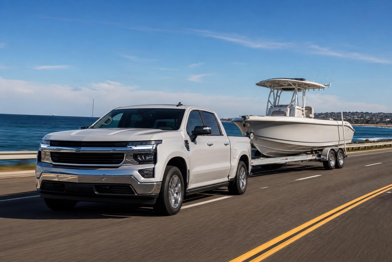 White pickup truck towing a center-console fishing boat on a galvanized trailer along a sunny coastal highway