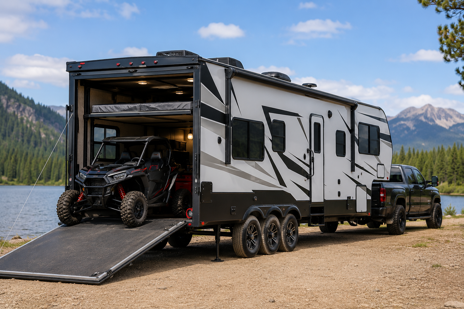Toy hauler with a side-by-side UTV loaded onto the rear ramp, parked near a scenic lake and mountains