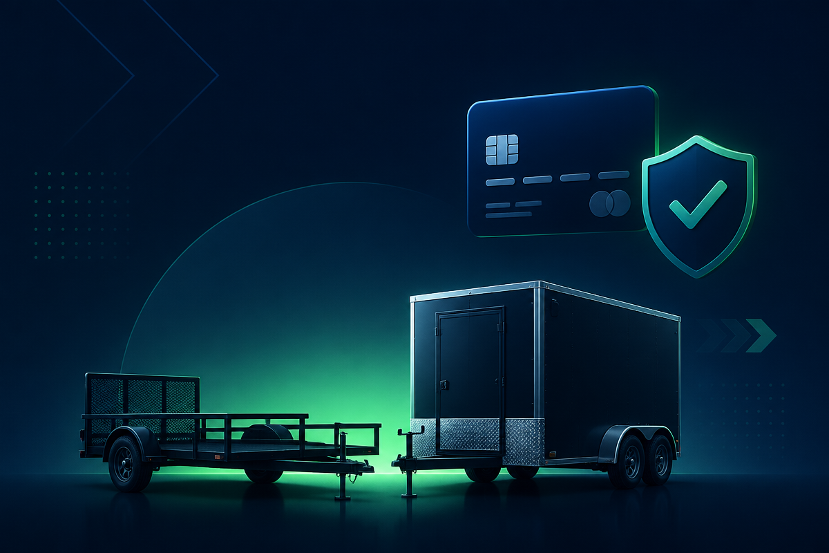 No credit check trailer financing concept with trailers, credit card, and shield checkmark on navy and green background