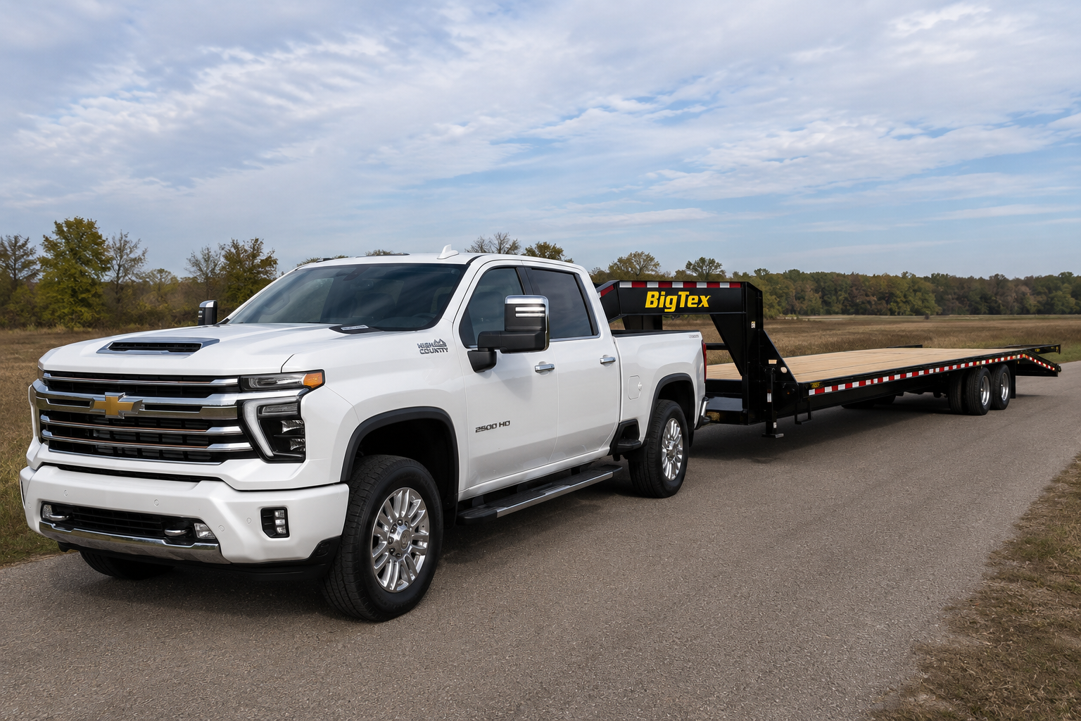 A white Chevrolet Silverado 2500 HD heavy-duty pickup truck towing a long 40-foot BigTex gooseneck flatbed trailer on a rural road