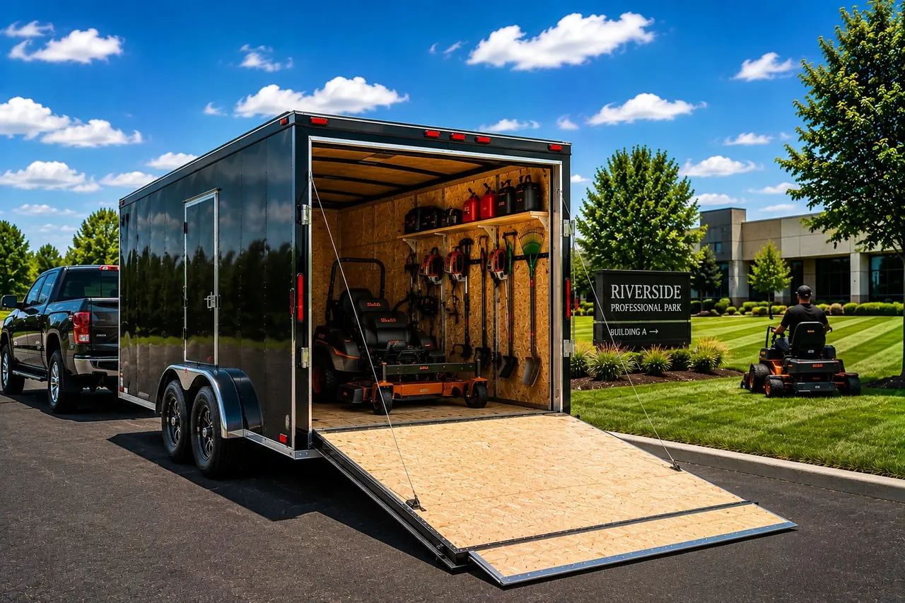 Black enclosed cargo trailer loaded with professional landscaping equipment on a sunny day