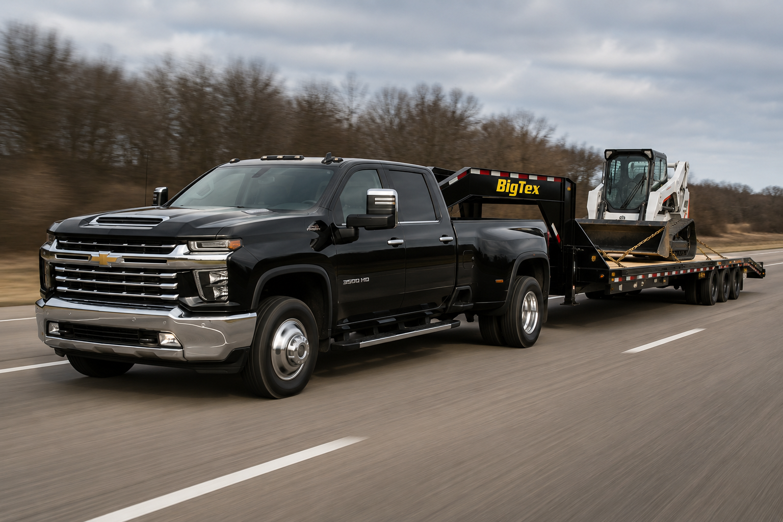 Black Chevy 3500 HD dually towing a Big Tex gooseneck trailer with a Bobcat skid steer for hotshot trucking