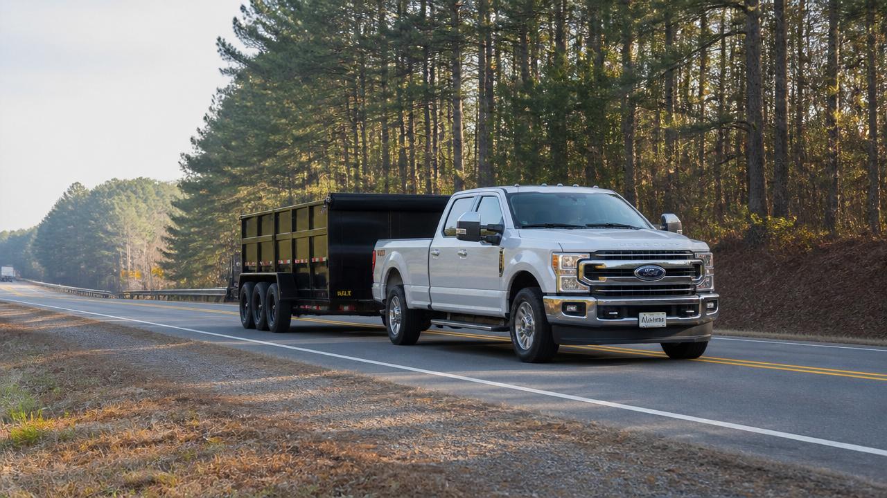 Alabama landscaping crew with truck and trailer maintaining a green suburban lawn