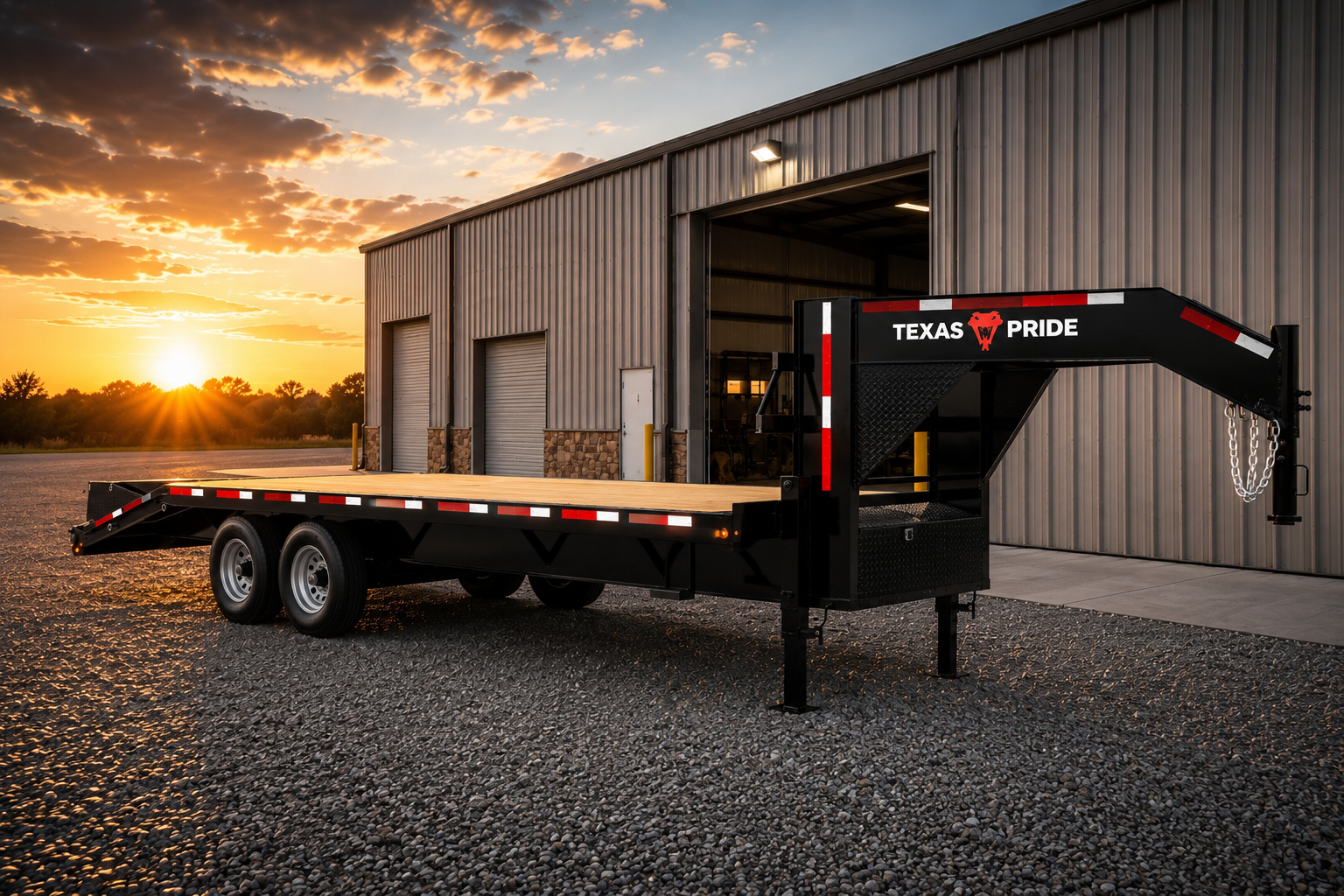 Black Texas Pride gooseneck flatbed trailer parked at sunset in front of a metal shop building