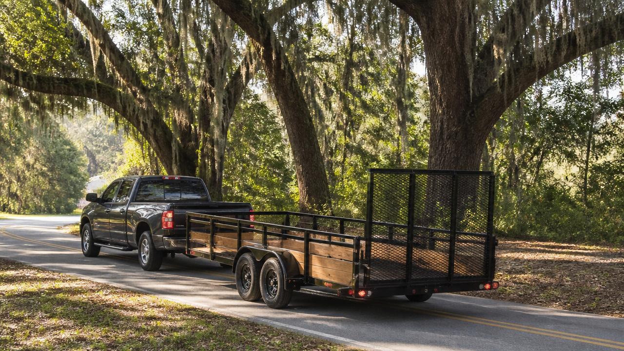 South Carolina landscaping truck and trailer near palm trees and blooming azaleas