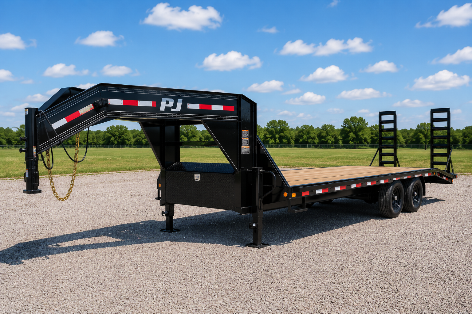 PJ gooseneck flatbed trailer with triple axles and heavy-duty jack stands