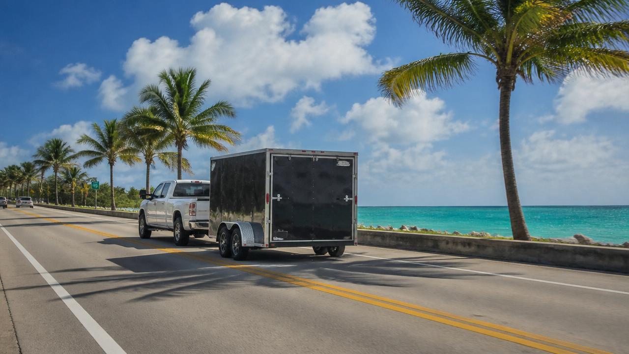 Landscaping crew working in Florida with palm trees and a truck with trailer