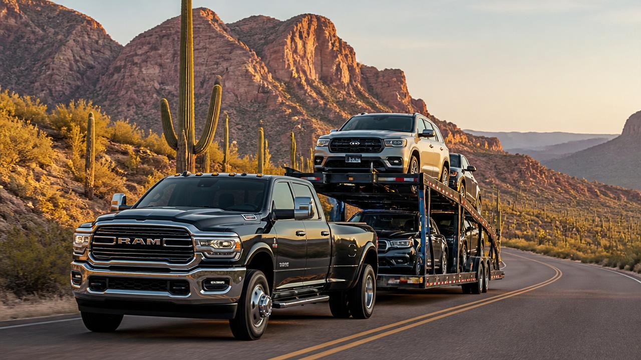 Arizona desert landscaping crew with truck and trailer maintaining xeriscaping and artificial turf