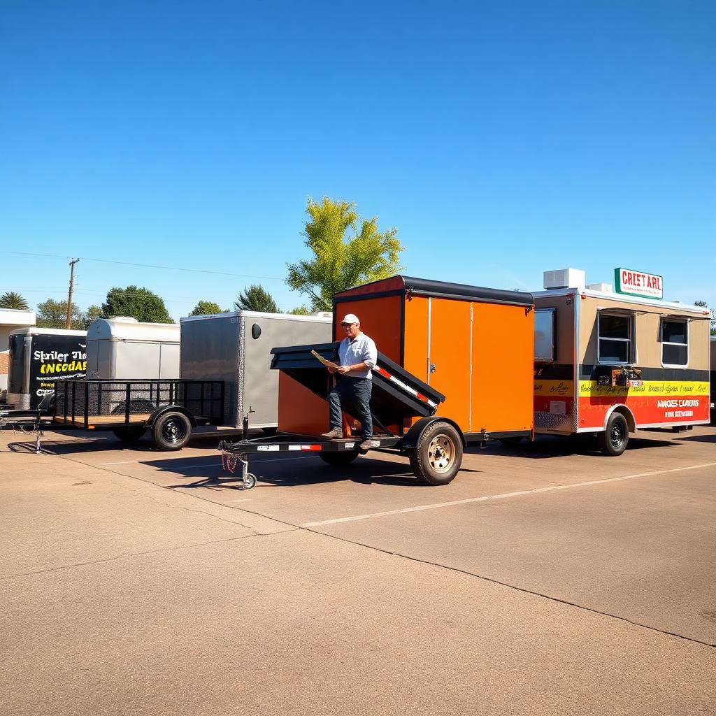 A lineup of trailers used across different small businesses — utility, dump, enclosed, and food trailer