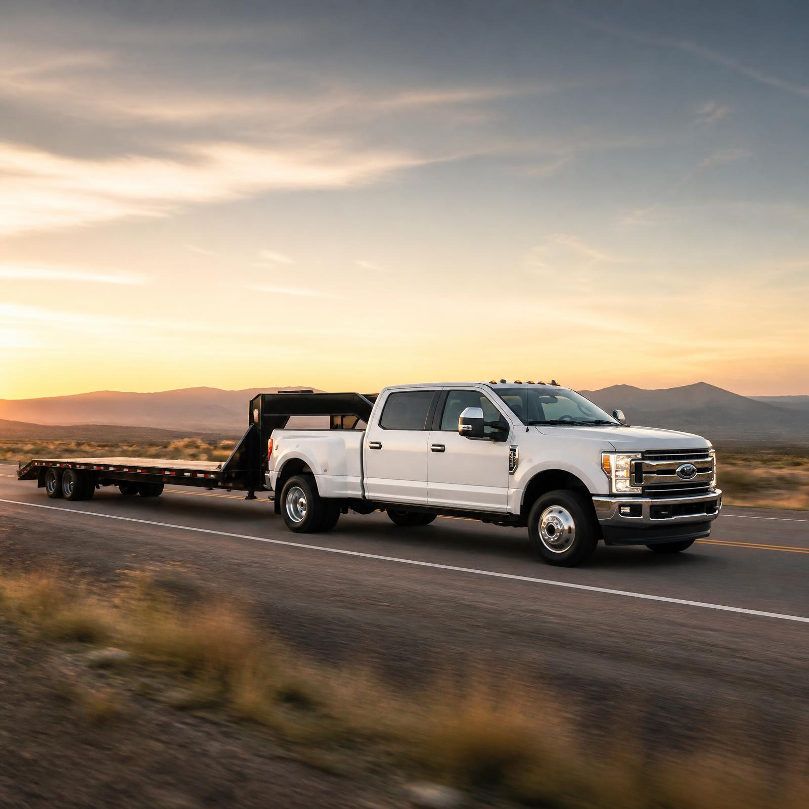 A white heavy-duty pickup truck towing a long 40-foot gooseneck flatbed trailer on an open highway at sunset