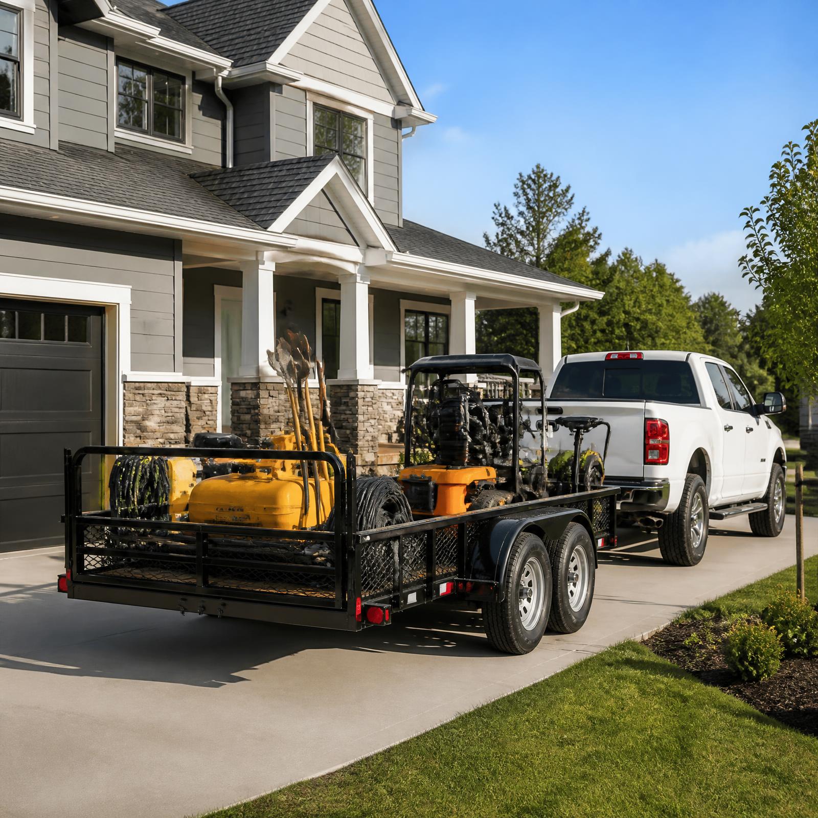 A white pickup truck towing a utility trailer loaded with landscaping and construction equipment in a residential driveway