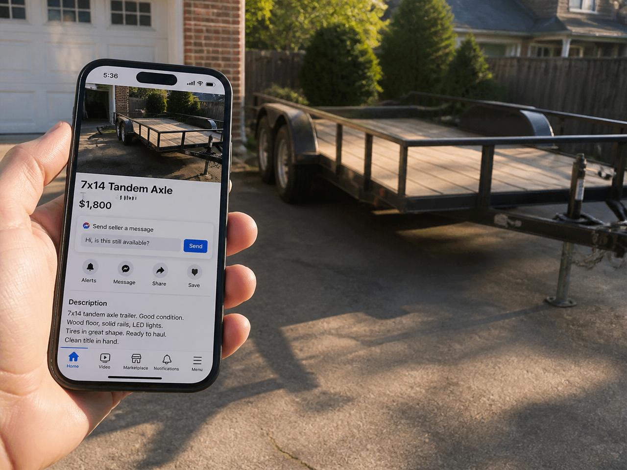 Buyer and seller completing a private-party trailer purchase in a public parking lot