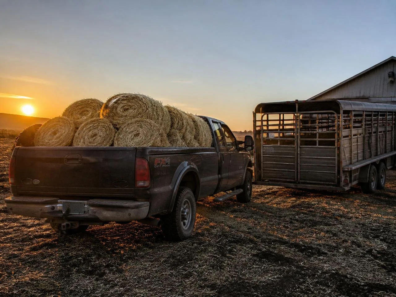 White pickup truck pulling a gooseneck trailer loaded with hay bales on a ranch