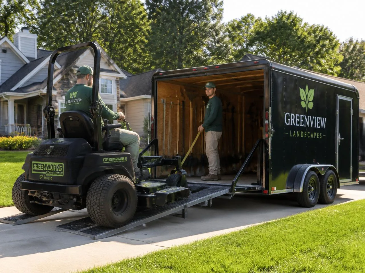Landscaping crew with truck and trailer